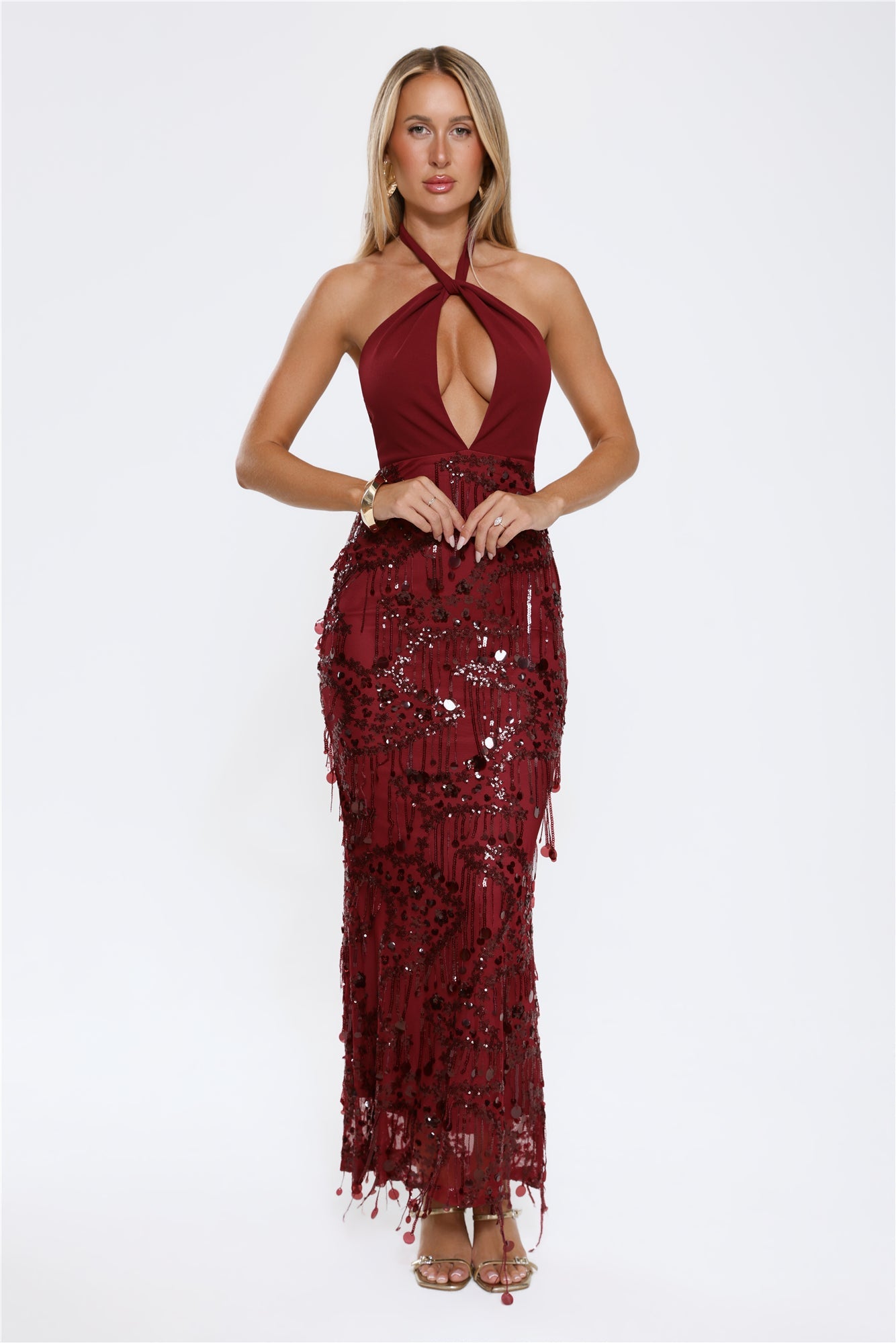 Spin For Me Sequin Halter Maxi Dress Burgundy