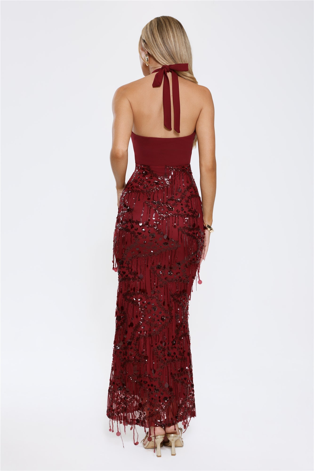 Spin For Me Sequin Halter Maxi Dress Burgundy