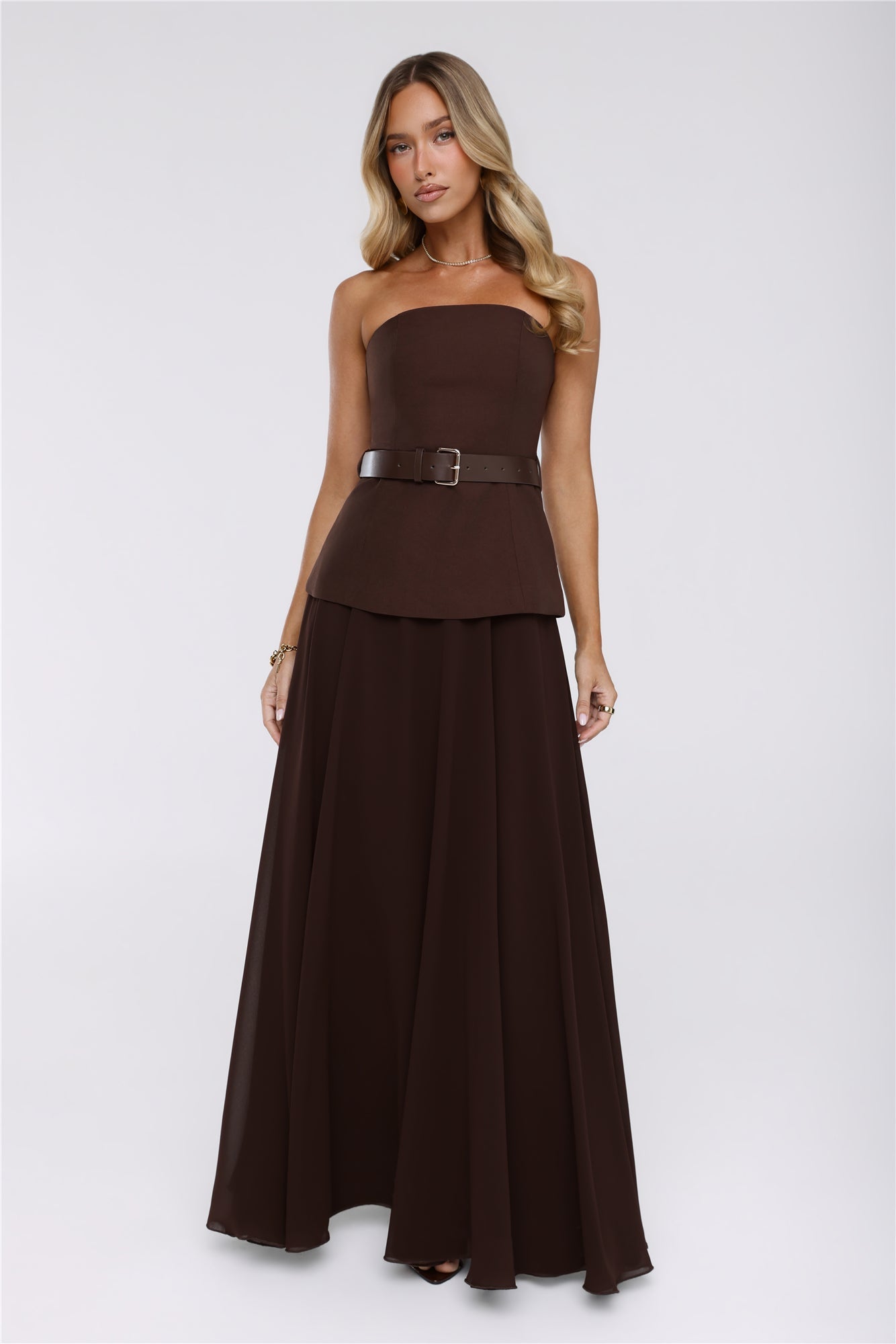 Crisp Lines Strapless Top Brown