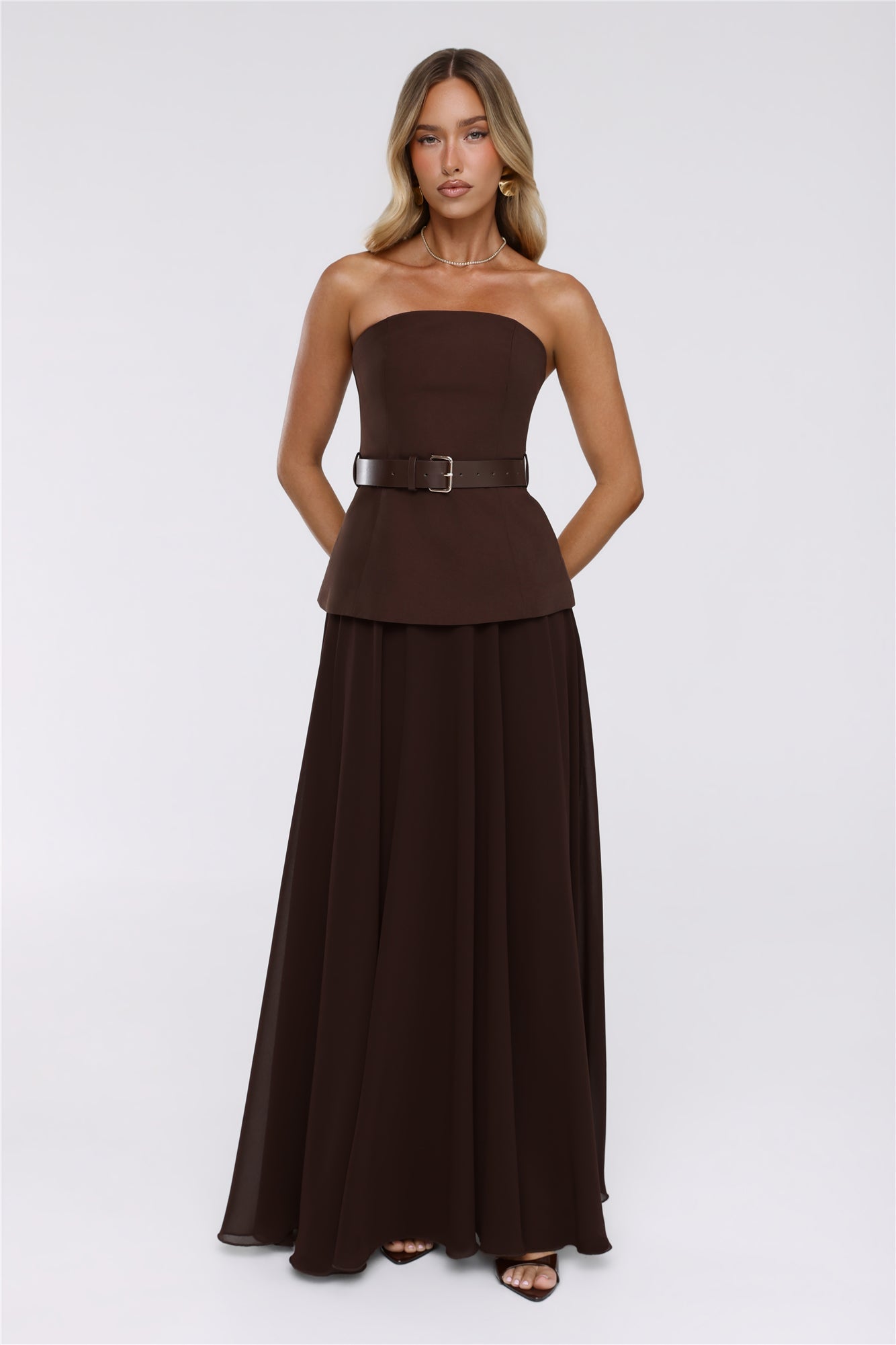 Crisp Lines Strapless Top Brown