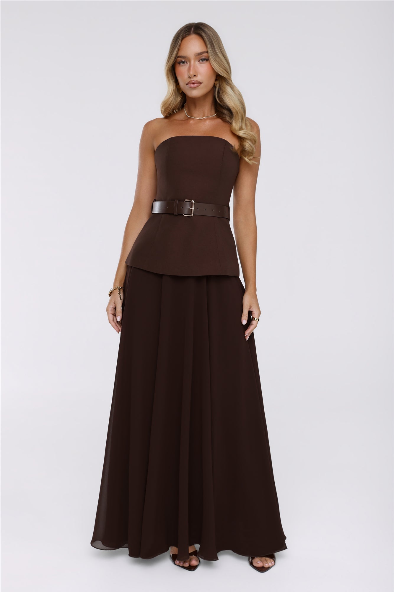 Crisp Lines Strapless Top Brown