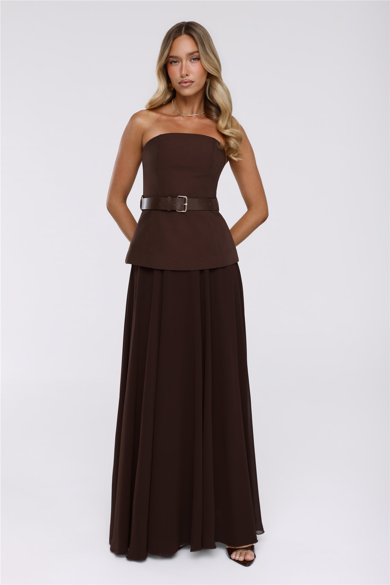 Crisp Lines Strapless Top Brown