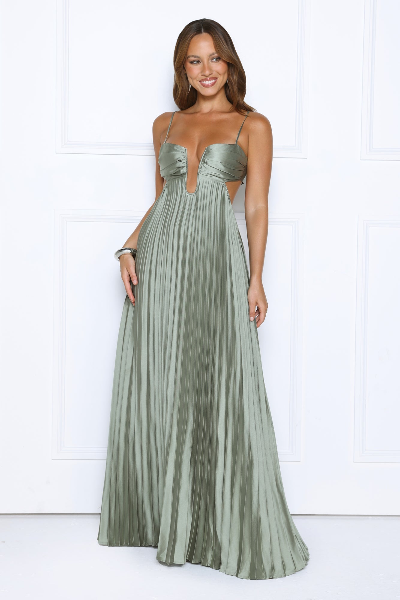Just One More Look Satin Pleated Maxi Dress Sage