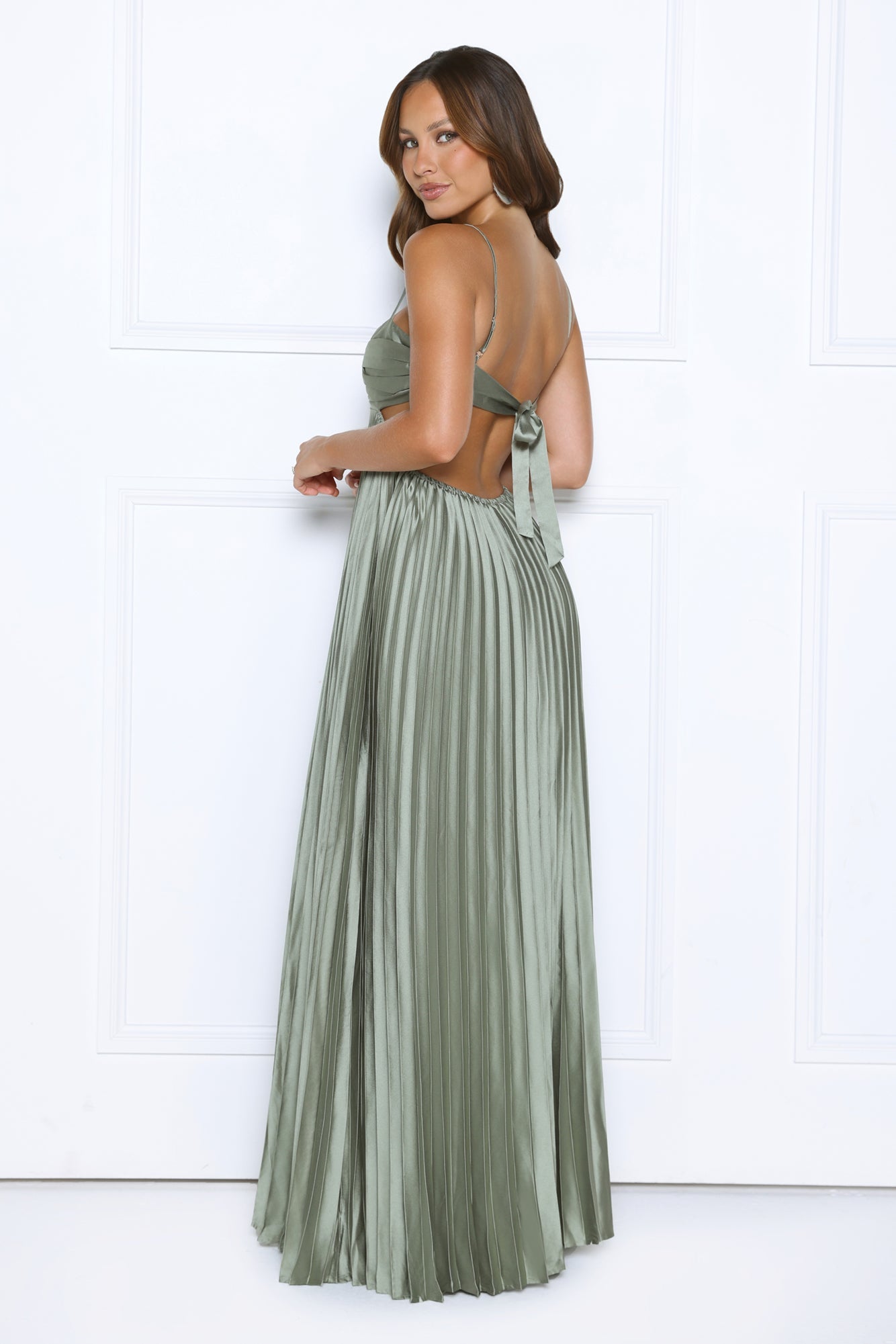 Just One More Look Satin Pleated Maxi Dress Sage