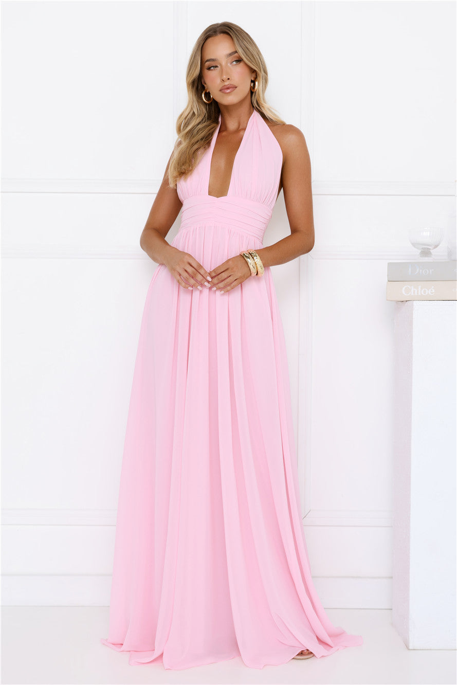 Rosé Opulence Halter Maxi Dress Pink