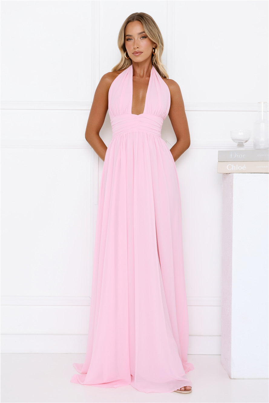 Rosé Opulence Halter Maxi Dress Pink