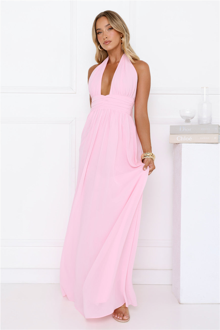 Rosé Opulence Halter Maxi Dress Pink