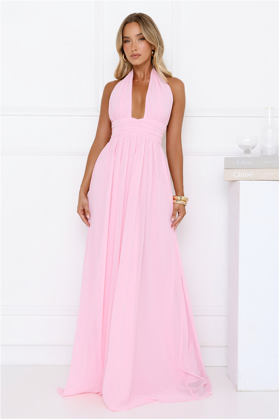 Rosé Opulence Halter Maxi Dress Pink