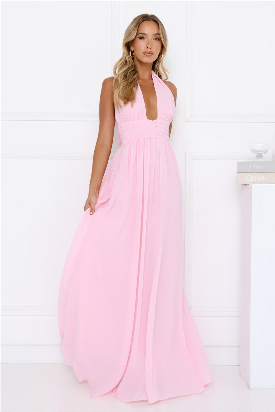 Rosé Opulence Halter Maxi Dress Pink
